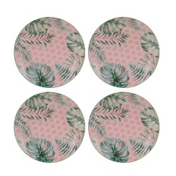 Artekko Tropical Πιάτα Ρηχά με Φύλλα Πήλινα Πράσινο Ροζ (20x20x2)cm Σετ/4