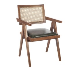 Artekko Suva Rattan Καρέκλα με Καφέ Ξύλινο Σκελετό με Ψάθα και Πράσινο Τεχνόδερμα (52x55x80)cm