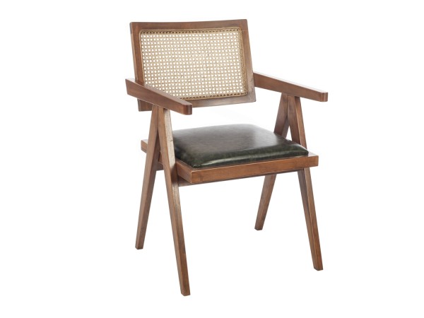 Artekko Suva Rattan Καρέκλα με Καφέ Ξύλινο Σκελετό με Ψάθα και Πράσινο Τεχνόδερμα (52x55x80)cm