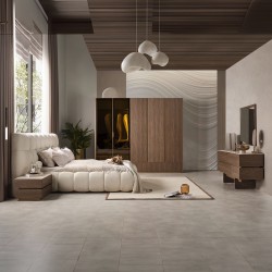 Artekko Midnight Εκρού Υφασμάτινο Διπλό Κρεβάτι (260x230x125)cm για Στρώμα(180x200) MDF 2pcs Κομοδίνα (65x48x40)cm Ντουλάπα με Καθρέπτη και Φωτισμό (270x63x230)cm Συρταριέρα (160x48x78)cm και Καθρέπτη (90x90x5)cm