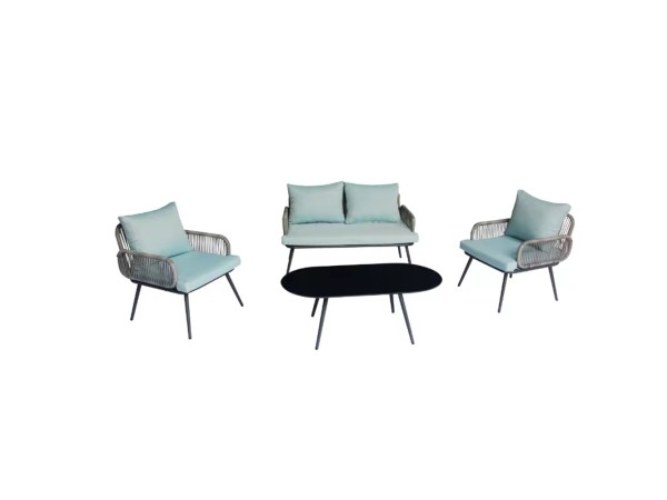 Artekko Rattan Διθέσιος Καναπές (120x70x75)cm 2x Πολυθρόνες (60x75x75)cm Τραπέζι με Τζάμι (110x55x40)cm με Πλαστικ Κορδόνι Μεταλλικό Σκελετό Γκρι και Γαλάζιο Μαξιλάρι Σετ/4