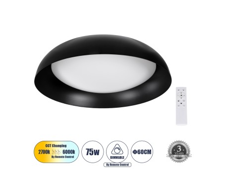 ANATOLIA 61264 Πλαφονιέρα Οροφής LED CCT 75W 8625lm 120° AC 220-240V - Εναλλαγή Φωτισμού μέσω Τηλεχειριστηρίου All In One Ψυχρό 6000k+Φυσικό 4500k+Θερμό 2700k Dimmable Φ60cm - Μαύρο - 3 Years Warranty