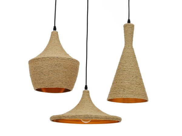 GLOBOSTAR® SHANGHAI ROPE 00875 Μοντέρνo Κρεμαστό Φωτιστικό Οροφής με Ντουί 3 x E27 AC 220-240V IP20 - Μπεζ & Χρυσό - Μ81 x Π81 x Υ39cm - Σετ 3 Τεμαχίων