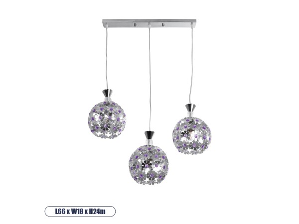 GLOBOSTAR® BOUQUET 01249 Μοντέρνο Κρεμαστό Φωτιστικό Οροφής με Ντουί 3 x E27 AC 220-240V IP20 - Ασημί & Μωβ - Μ66 x Π18 x Υ24cm