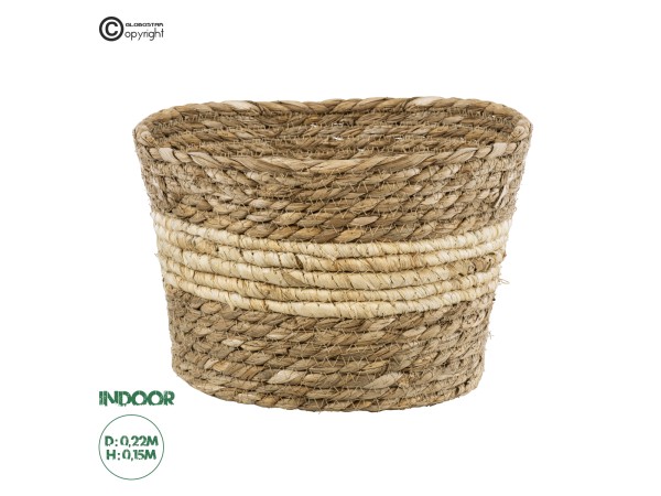 GloboStar® Artificial Garden KYTHIRA 20273 Διακοσμητικό Πλεκτό Καλάθι - Κασπώ Γλάστρα - Flower Pot Μπεζ με Λευκό Φ22cm x Υ15cm