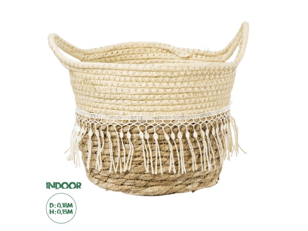 GloboStar® Artificial Garden MYKONOS 20278 Διακοσμητικό Πλεκτό Καλάθι - Κασπώ Γλάστρα - Flower Pot Μπεζ με Μακραμέ Φ18cm x Υ15cm
