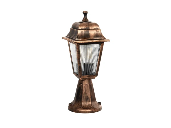 GloboStar® SOLME 203-0215 Vintage Επιδαπέδιο Φωτιστικό Φαναράκι Μονόφωτο 1 x E27 IP44 Χάλκινο & Διάφανο Πλαστικό - Μ22 x Π22 x Υ40cm
