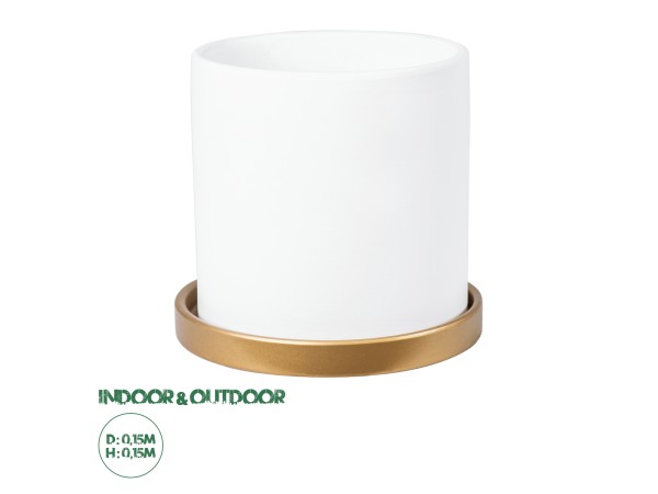 GloboStar® Artificial Garden KASOS 20444 Πήλινο Κεραμικό Κασπώ Γλάστρα - Flower Pot Λευκό με Χρυσό Φ15cm x Υ15cm