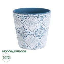 GloboStar® Artificial Garden CASABLANCA 20517 Διακοσμητικό Κεραμικό Κασπώ Γλάστρα - Flower Pot Λευκό με Μπλε Φ14 x Υ13cm