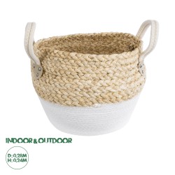 GloboStar® Artificial Garden SANTORINI 20576 Διακοσμητικό Πλεκτό Κασπώ Γλάστρα - Flower Pot Μπεζ με Λευκό Φ28 x Υ24cm