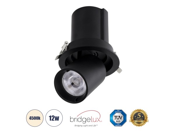 GLOBOSTAR® VIRGO-M 60308 Χωνευτό Κινούμενο Downlight Σποτ LED 12W 1560lm 36° AC 220-240V IP20 Φυσικό Λευκό 4500K - Bridgelux COB Chip & TÜV SÜD Driver - Μαύρο Ματ - Μ11 x Π11 x Υ11.5cm / Q9.5cm - 5 Χρόνια Εγγύηση