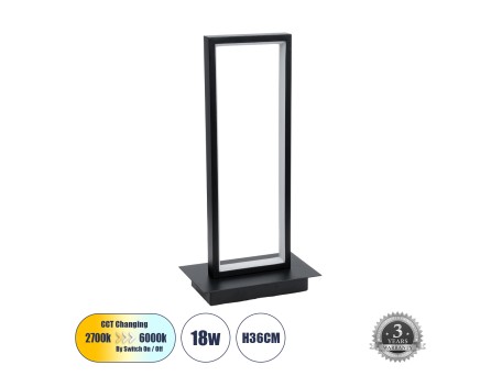 GLOBOSTAR® CORNELIE 60460 Μοντέρνο Επιτραπέζιο Φωτιστικό LED CCT 18W 1980lm 200° AC 220-240V IP20 Ρυθμιζόμενο Λευκό CCT με On/Off 2700K/4500K/6000K - Lumileds SMD Chip - Mαύρο - Μ18 x Π10 x Υ36cm - 3 Χρόνια Εγγύηση