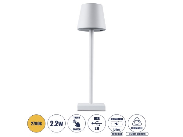 GLOBOSTAR® NEGA 60474 Μοντέρνο Επιτραπέζιο Φωτιστικό LED 2.2W 154lm 360° DC 5V με USB με Επαναφορτιζόμενη Μπαταρία Li-ion 3.7V 4000mAh IP20 Θερμό Λευκό 2700K με Αφή Dimmable - Lumileds SMD Chip - Λευκό - Μ10 x Π10 x Υ39cm - 2 Χρόνια Εγγύηση GLOBOSTAR® NEGA 60474 Μοντέρνο Επιτραπέζιο Φωτιστικό LED 2.2W 154lm 360° DC 5V με USB με Επαναφορτιζόμενη Μπαταρία Li-ion 3.7V 4000mAh IP20 Θερμό Λευκό 2700K με Αφή Dimmable - Lumileds SMD Chip - Λευκό - Μ10 x Π10 x Υ39cm - 2 Χρόνια Εγγύηση