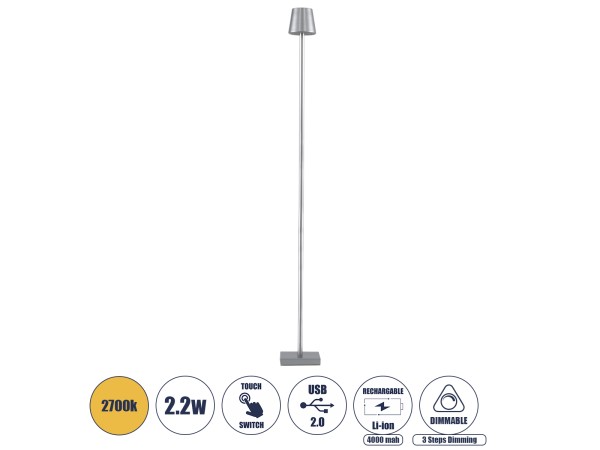 GLOBOSTAR® NEGA 60480 Μοντέρνο Επιδαπέδιο Φωτιστικό LED 2.2W 154lm 360° DC 5V με USB 2.0 με Επαναφορτιζόμενη Μπαταρία Li-ion 3.7V 4000mAh IP44 Θερμό Λευκό 2700K με Αφή Dimmable - Lumileds SMD Chip - Ασημί - Μ10 x Π10 x Υ135cm - 2 Χρόνια Εγγύηση GLOBOSTAR® NEGA 60480 Μοντέρνο Επιδαπέδιο Φωτιστικό LED 2.2W 154lm 360° DC 5V με USB 2.0 με Επαναφορτιζόμενη Μπαταρία Li-ion 3.7V 4000mAh IP44 Θερμό Λευκό 2700K με Αφή Dimmable - Lumileds SMD Chip - Ασημί - Μ10 x Π10 x Υ135cm - 2 Χρόνια Εγγύηση