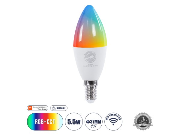 GLOBOSTAR® SMARTME 60488 Λάμπα Κεράκι E14 C37 Smart Home WiFi με Λειτουργία μέσω Tuya APP LED 5.5W 550lm 260° AC 220-240V IP20 Πολύχρωμο RGBW+WW Dimmable - Bridgelux Chip - Μ3.7 x Π3.7 x Υ11cm - 3 Χρόνια Εγγύηση GLOBOSTAR® SMARTME 60488 Λάμπα Κεράκι E14 C37 Smart Home WiFi με Λειτουργία μέσω Tuya APP LED 5.5W 550lm 260° AC 220-240V IP20 Πολύχρωμο RGBW+WW Dimmable - Bridgelux Chip - Μ3.7 x Π3.7 x Υ11cm - 3 Χρόνια Εγγύηση