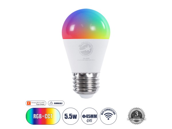 GLOBOSTAR® SMARTME 60489 Λάμπα E27 G45 Smart Home WiFi με Λειτουργία μέσω Tuya APP LED 5.5W 550lm 260° AC 220-240V IP20 Πολύχρωμο RGBW+WW Dimmable - Bridgelux Chip - Μ4.5 x Π4.5 x Υ8.8cm - 3 Χρόνια Εγγύηση GLOBOSTAR® SMARTME 60489 Λάμπα E27 G45 Smart Home WiFi με Λειτουργία μέσω Tuya APP LED 5.5W 550lm 260° AC 220-240V IP20 Πολύχρωμο RGBW+WW Dimmable - Bridgelux Chip - Μ4.5 x Π4.5 x Υ8.8cm - 3 Χρόνια Εγγύηση