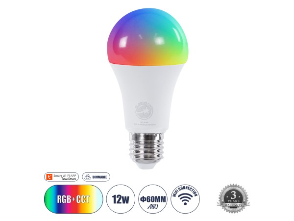 GLOBOSTAR® SMARTME 60490 Λάμπα E27 A60 Smart Home WiFi με Λειτουργία μέσω Tuya APP LED 12W 1200lm 260° AC 220-240V IP20 Πολύχρωμο RGBW+WW Dimmable - Bridgelux Chip - Μ6 x Π6 x Υ12cm - 3 Χρόνια Εγγύηση