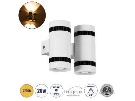 GLOBOSTAR® CANNONAL 60578 Μοντέρνο Φωτιστικό Τοίχου - Απλίκα LED 20W 2300lm 30° AC 220-240V IP20 Θερμό Λευκό 2700K - Bridgelux COB Chip & TÜV SÜD Driver - Μαύρο Ματ & Λευκό Ματ - Μ12 x Π6.5 x Υ11cm - 3 Χρόνια Εγγύηση