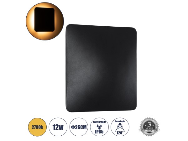 GLOBOSTAR® HELIO-S 60664 Μοντέρνο Φωτιστικό Τοίχου - Απλίκα LED 12W 1380lm 120° AC 220-240V Αδιάβροχο IP65 Θερμό Λευκό 2700K - Lumileds SMD Chip & TÜV SÜD Driver - Μαύρο Ματ - Μ26 x Π5 x Υ26cm - 5 Χρόνια Εγγύηση