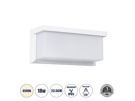 GLOBOSTAR® CITYSCAPE 60697 Μοντέρνο Φωτιστικό Τοίχου - Απλίκα LED 18W 1890lm 120° AC 220-240V Αδιάβροχο IP65 Φυσικό Λευκό 4500K - Bridgelux SMD Chip - Λευκό Ματ - Μ23.5 x Π11 x Υ10cm - 3 Χρόνια Εγγύηση