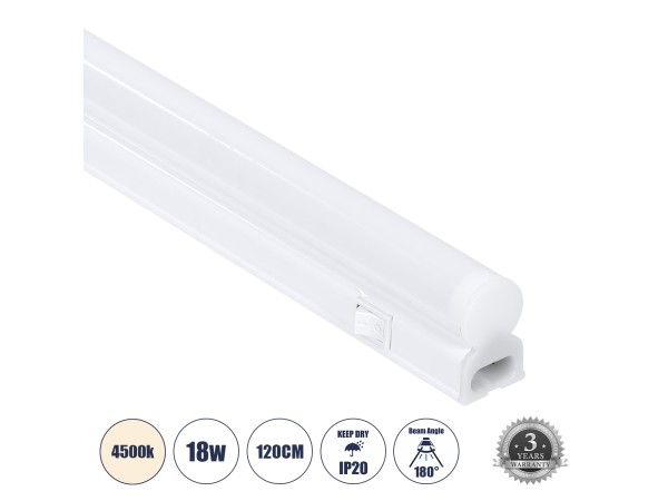 GloboStar® TUBO 60791 Γραμμικό Φωτιστικό Οροφής Linear LED Τύπου T5 Επεκτεινόμενο 18W 1764lm 180° AC 220-240V IP20 Πάγκου Κουζίνας με Διακόπτη On/Off Μ120 x Π2.2 x Υ3.5cm Φυσικό Λευκό 4500K - Λευκό - 3 Years Warranty