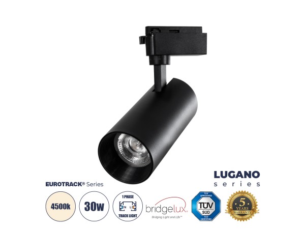 GLOBOSTAR® LUGANO 60816 Μονοφασικό Σποτ Ράγας LED 30W 3750lm 36° AC 220-240V IP20 Φυσικό Λευκό 4500K - Bridgelux COB Chip & TÜV SÜD Driver - Eurotrack 1PH - Μαύρο Ματ - Μ7.5 x Π7.5 x Υ22cm - 5 Χρόνια Εγγύηση