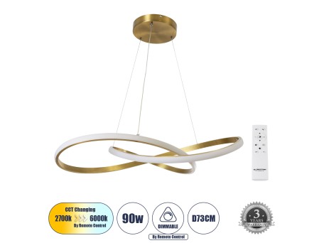 GLOBOSTAR® DEXTER 60916 Μοντέρνο Κρεμαστό Φωτιστικό Οροφής LED 90W 10080lm 300° AC 220-240V IP20 Ρυθμιζόμενο Λευκό CCT με Χειριστήριο από 2700K έως 6000K Dimmable - Lumileds SMD Chip - Σατινέ Χρυσό Βούρτσας - Μ73 x Π73 x Υ16cm - 3 Χρόνια Εγγύηση