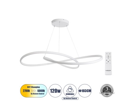 GLOBOSTAR® DEXTER 60918 Μοντέρνο Κρεμαστό Φωτιστικό Οροφής LED 120W 13440lm 300° AC 220-240V IP20 Ρυθμιζόμενο Λευκό CCT με Χειριστήριο από 2700K έως 6000K Dimmable - Lumileds SMD Chip - Λευκό Ματ - Μ103 x Π103 x Υ22cm - 3 Χρόνια Εγγύηση