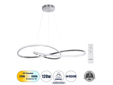 GLOBOSTAR® DEXTER 60919 Μοντέρνο Κρεμαστό Φωτιστικό Οροφής LED 120W 13440lm 300° AC 220-240V IP20 Ρυθμιζόμενο Λευκό CCT με Χειριστήριο από 2700K έως 6000K Dimmable - Lumileds SMD Chip - Νίκελ Βούρτσας - Μ103 x Π103 x Υ30cm - 3 Χρόνια Εγγύηση