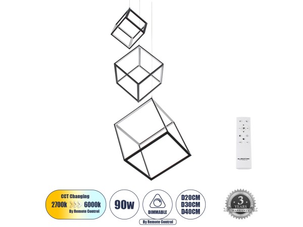 GLOBOSTAR® KIBOO-TRIO 60931 Μοντέρνο Κρεμαστό Φωτιστικό Οροφής LED 90W 10350lm 360° AC 220-240V IP20 Ρυθμιζόμενο Λευκό CCT με Χειριστήριο από 2700K έως 6000K Dimmable - Lumileds SMD Chip - Μαύρο Ματ - Μ60 x Π60 x Υ80cm - 3 Χρόνια Εγγύηση GLOBOSTAR® KIBOO-TRIO 60931 Μοντέρνο Κρεμαστό Φωτιστικό Οροφής LED 90W 10350lm 360° AC 220-240V IP20 Ρυθμιζόμενο Λευκό CCT με Χειριστήριο από 2700K έως 6000K Dimmable - Lumileds SMD Chip - Μαύρο Ματ - Μ60 x Π60 x Υ80cm - 3 Χρόνια Εγγύηση