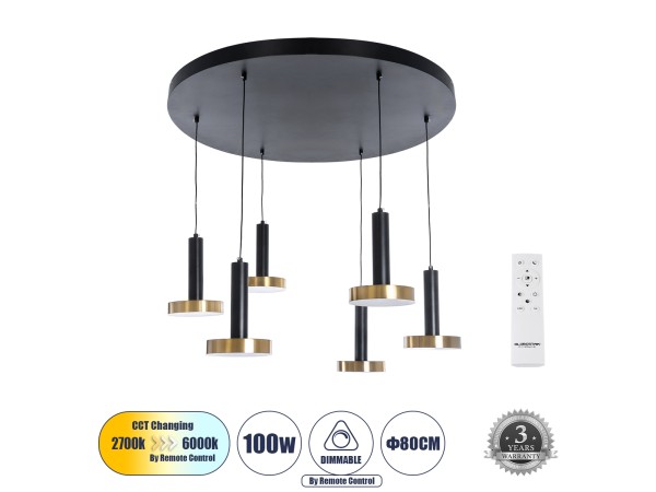 GLOBOSTAR® ZANE 60935 Μοντέρνο Κρεμαστό Φωτιστικό Οροφής LED 100W 11200lm 120° AC 220-240V IP20 Ρυθμιζόμενο Λευκό CCT με Χειριστήριο από 2700K έως 6000K Dimmable - Lumileds SMD Chip - Μαύρο Ματ & Χρυσό - Μ80 x Π80 x Υ20cm - 3 Χρόνια Εγγύηση GLOBOSTAR® ZANE 60935 Μοντέρνο Κρεμαστό Φωτιστικό Οροφής LED 100W 11200lm 120° AC 220-240V IP20 Ρυθμιζόμενο Λευκό CCT με Χειριστήριο από 2700K έως 6000K Dimmable - Lumileds SMD Chip - Μαύρο Ματ & Χρυσό - Μ80 x Π80 x Υ20cm - 3 Χρόνια Εγγύηση