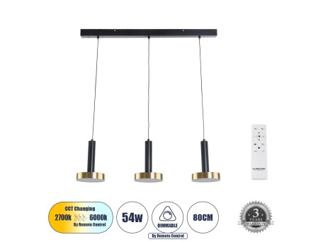 GLOBOSTAR® ZANE 60936 Μοντέρνο Κρεμαστό Φωτιστικό Οροφής LED 54W 6048lm 120° AC 220-240V IP20 Ρυθμιζόμενο Λευκό CCT με Χειριστήριο από 2700K έως 6000K Dimmable - Lumileds SMD Chip - Μαύρο Ματ & Χρυσό - Μ80 x Π15 x Υ20cm - 3 Χρόνια Εγγύηση
