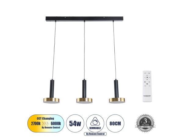 GLOBOSTAR® ZANE 60936 Μοντέρνο Κρεμαστό Φωτιστικό Οροφής LED 54W 6048lm 120° AC 220-240V IP20 Ρυθμιζόμενο Λευκό CCT με Χειριστήριο από 2700K έως 6000K Dimmable - Lumileds SMD Chip - Μαύρο Ματ & Χρυσό - Μ80 x Π15 x Υ20cm - 3 Χρόνια Εγγύηση GLOBOSTAR® ZANE 60936 Μοντέρνο Κρεμαστό Φωτιστικό Οροφής LED 54W 6048lm 120° AC 220-240V IP20 Ρυθμιζόμενο Λευκό CCT με Χειριστήριο από 2700K έως 6000K Dimmable - Lumileds SMD Chip - Μαύρο Ματ & Χρυσό - Μ80 x Π15 x Υ20cm - 3 Χρόνια Εγγύηση