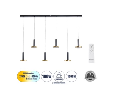 GLOBOSTAR® ZANE 60937 Μοντέρνο Κρεμαστό Φωτιστικό Οροφής LED 100W 11200lm 120° AC 220-240V IP20 Ρυθμιζόμενο Λευκό CCT με Χειριστήριο από 2700K έως 6000K Dimmable - Lumileds SMD Chip - Μαύρο Ματ & Χρυσό - Μ160 x Π15 x Υ20cm - 3 Χρόνια Εγγύηση