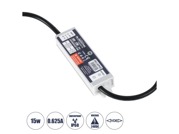 GloboStar® 60960 Αδιάβροχο Τροφοδοτικό SELV για Προϊόντα Φωτισμού LED 15W 0.625A - AC 220-240V σε DC 24V με 1.2m VDE Καλώδιο Παροχής & Εξόδου Τροφοδοσίας - Αδιάβροχο IP68 - M12 x W3 x H2cm  - 3 Χρόνια Εγγύηση