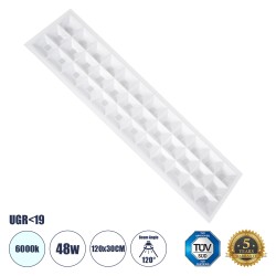 GLOBOSTAR® ZEUS 60971 Χωνευτό Panel Οροφής 120x30 με Anti Glare Reflector LED 48W 7440lm 120° CRI≥85Ra UGR<19 AC 220-240V IP20 Ψυχρό Λευκό 6000K - Lumileds SMD Chip & TÜV SÜD Driver - Λευκό Γαλακτερό - Μ120 x Π30 x Υ3.3cm / Q116 x 26cm - 5 Χρόνια Εγγύηση