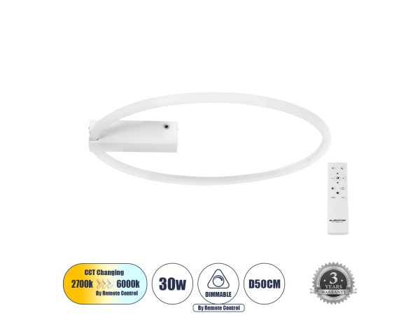 GLOBOSTAR® CINDERELLA 60981 Μοντέρνο Φωτιστικό Οροφής LED 30W 3360lm 360° AC 220-240V IP20 Ρυθμιζόμενο Λευκό CCT με Χειριστήριο από 2700K έως 6000K Dimmable - Lumileds SMD Chip - Λευκό Ματ - Μ50 x Π50 x Υ5cm - 3 Χρόνια Εγγύηση