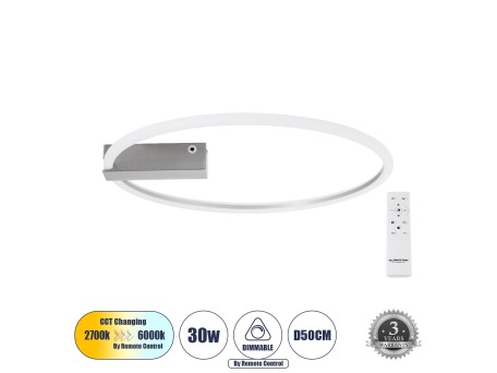 GLOBOSTAR® CINDERELLA 60983 Μοντέρνο Φωτιστικό Οροφής LED 30W 3360lm 360° AC 220-240V IP20 Ρυθμιζόμενο Λευκό CCT με Χειριστήριο από 2700K έως 6000K Dimmable - Lumileds SMD Chip - Νίκελ Βούρτσας - Μ50 x Π50 x Υ5cm - 3 Χρόνια Εγγύηση
