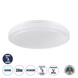 GLOBOSTAR® SENSORANO 60994 Φωτιστικό Πλαφονιέρα Οροφής με Ανιχνευτή Microwave / Αισθητήρα Κίνησης LED 30W 3900lm 120° AC 220-240V Αδιάβροχο IP54 Ψυχρό Λευκό 6000K - Lumileds SMD Chip - Λευκό Γαλακτερό - Μ38 x Π38 x Υ5.3cm - 3 Χρόνια Εγγύηση