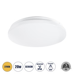 GLOBOSTAR® CELANO 61007 Μοντέρνο Φωτιστικό Οροφής LED 20W 2400lm 120° AC 220-240V Αδιάβροχο IP54 Θερμό Λευκό 2700K - Lumileds SMD Chip - Λευκό Γαλακτερό - Μ26 x Π26 x Υ6cm - 3 Χρόνια Εγγύηση