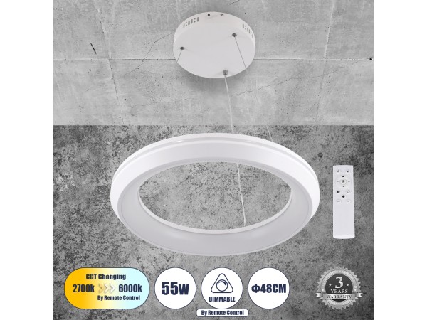 GLOBOSTAR® MELINA 61044 Μοντέρνο Κρεμαστό Φωτιστικό Οροφής LED 55W 6376lm 120° AC 220-240V IP20 Ρυθμιζόμενο Λευκό CCT με Χειριστήριο από 2700K έως 6000K Dimmable - Lumileds SMD Chip - Λευκό Ματ - Μ48 x Π48 x Υ6.5cm - 3 Χρόνια Εγγύηση