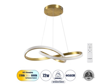 GLOBOSTAR® DEXTER 61051 Μοντέρνο Κρεμαστό Φωτιστικό Οροφής LED 72W 8064lm 300° AC 220-240V IP20 Ρυθμιζόμενο Λευκό CCT με Χειριστήριο από 2700K έως 6000K Dimmable - Lumileds SMD Chip - Σατινέ Χρυσό Βούρτσας - Μ56 x Π56 x Υ14cm - 3 Χρόνια Εγγύηση