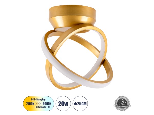 GLOBOSTAR® AMELIA 61054 Μοντέρνο Φωτιστικό Οροφής LED 20W 2400lm 300° AC 220-240V IP20 Ρυθμιζόμενο Λευκό CCT με On/Off 2700K/4500K/6000K - Lumileds SMD Chip - Χρυσό Βούρτσας - Μ24.5 x Π16 x Υ25cm - 3 Χρόνια Εγγύηση