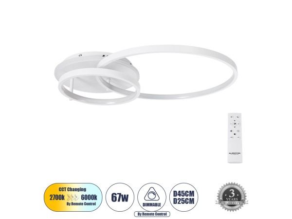 GLOBOSTAR® NEMESIS 61106 Μοντέρνο Φωτιστικό Οροφής LED 67W 6700lm 360° AC 220-240V IP20 Ρυθμιζόμενο Λευκό CCT με Χειριστήριο από 2700K έως 6000K Dimmable - Lumileds SMD Chip - Λευκό Ματ - Μ84 x Π45 x Υ13cm - 3 Χρόνια Εγγύηση