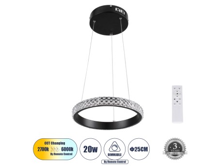 GLOBOSTAR® DIAMOND 61126 Μοντέρνο Κρεμαστό Φωτιστικό Οροφής LED 20W 2356lm 360° AC 220-240V IP20 Ρυθμιζόμενο Λευκό CCT με Χειριστήριο από 2700K έως 6000K Dimmable - Lumileds SMD Chip - Μαύρο Ματ - Μ25 x Π25 x Υ3cm - 3 Χρόνια Εγγύηση
