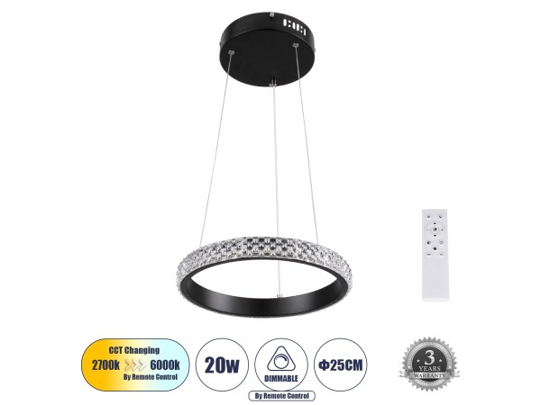 GLOBOSTAR® DIAMOND 61126 Μοντέρνο Κρεμαστό Φωτιστικό Οροφής LED 20W 2356lm 360° AC 220-240V IP20 Ρυθμιζόμενο Λευκό CCT με Χειριστήριο από 2700K έως 6000K Dimmable - Lumileds SMD Chip - Μαύρο Ματ - Μ25 x Π25 x Υ3cm - 3 Χρόνια Εγγύηση
