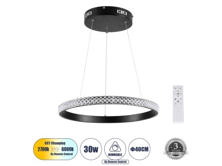 GLOBOSTAR® DIAMOND 61128 Μοντέρνο Κρεμαστό Φωτιστικό Οροφής LED 30W 3513lm 360° AC 220-240V IP20 Ρυθμιζόμενο Λευκό CCT με Χειριστήριο από 2700K έως 6000K Dimmable - Lumileds SMD Chip - Μαύρο Ματ - Μ40 x Π40 x Υ3cm - 3 Χρόνια Εγγύηση