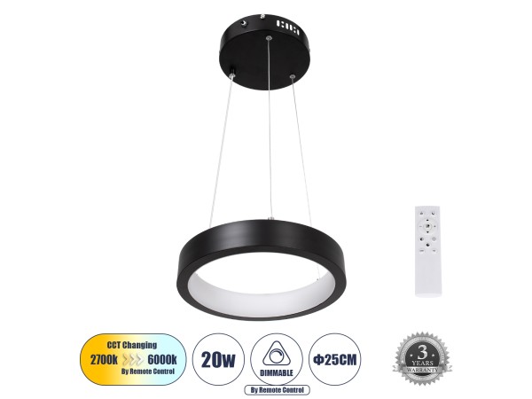 GLOBOSTAR® NEMESIS 61152 Μοντέρνο Κρεμαστό Φωτιστικό Οροφής LED 20W 2000lm 360° AC 220-240V IP20 Ρυθμιζόμενο Λευκό CCT με Χειριστήριο από 2700K έως 6000K Dimmable - Lumileds SMD Chip - Μαυρό Ματ - Μ25 x Π25 x Υ4cm - 3 Χρόνια Εγγύηση
