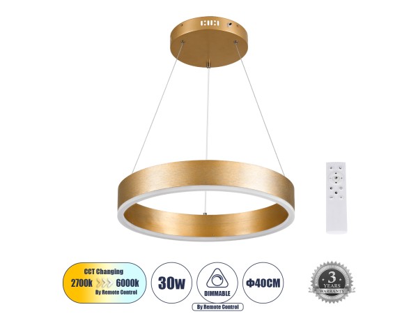 GLOBOSTAR® VENOM 61175 Μοντέρνο Κρεμαστό Φωτιστικό Οροφής LED 30W 3513lm 120° AC 220-240V IP20 Ρυθμιζόμενο Λευκό CCT με Χειριστήριο από 2700K έως 6000K Dimmable - Lumileds SMD Chip - Χρυσό Βούρτσας - Μ40 x Π40 x Υ6.5cm - 3 Χρόνια Εγγύηση