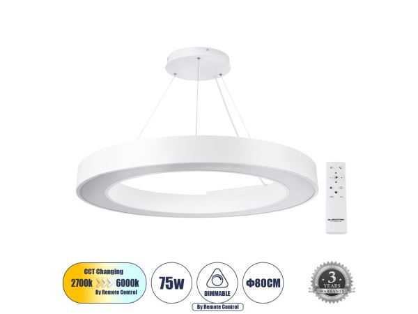 GLOBOSTAR® RA 61197 Μοντέρνο Κρεμαστό Φωτιστικό Οροφής LED 75W 8250lm 120° AC 220-240V IP20 Ρυθμιζόμενο Λευκό CCT με Χειριστήριο από 2700K έως 6000K Dimmable - Lumileds SMD Chip - Λευκό Ματ - Μ80 x Π80 x Υ8cm - 3 Χρόνια Εγγύηση GLOBOSTAR® RA 61197 Μοντέρνο Κρεμαστό Φωτιστικό Οροφής LED 75W 8250lm 120° AC 220-240V IP20 Ρυθμιζόμενο Λευκό CCT με Χειριστήριο από 2700K έως 6000K Dimmable - Lumileds SMD Chip - Λευκό Ματ - Μ80 x Π80 x Υ8cm - 3 Χρόνια Εγγύηση